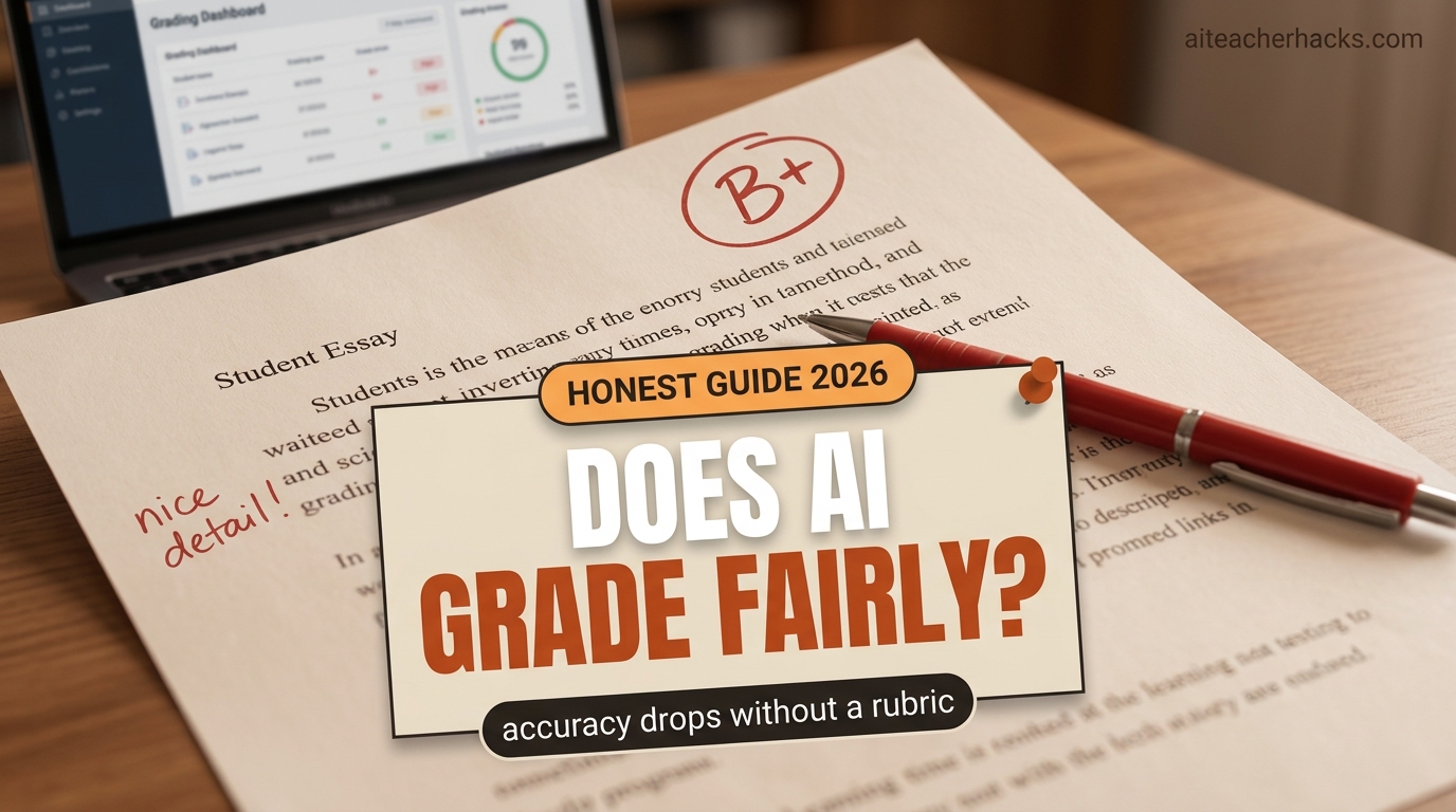 A graded student essay with a red pen, showing an AI grading tools honesty caveat about rubric accuracy
