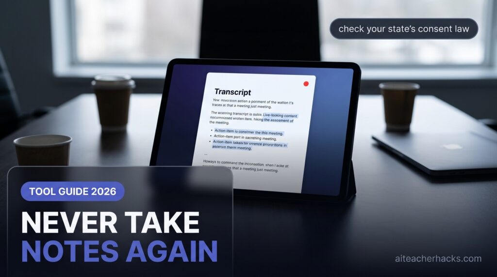 A tablet showing a live AI meeting transcript on a table after a meeting