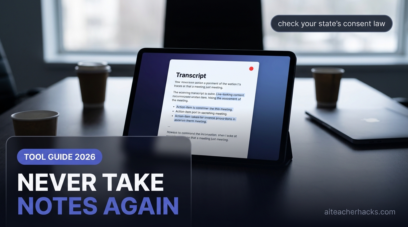 A tablet showing a live AI meeting transcript on a table after a meeting