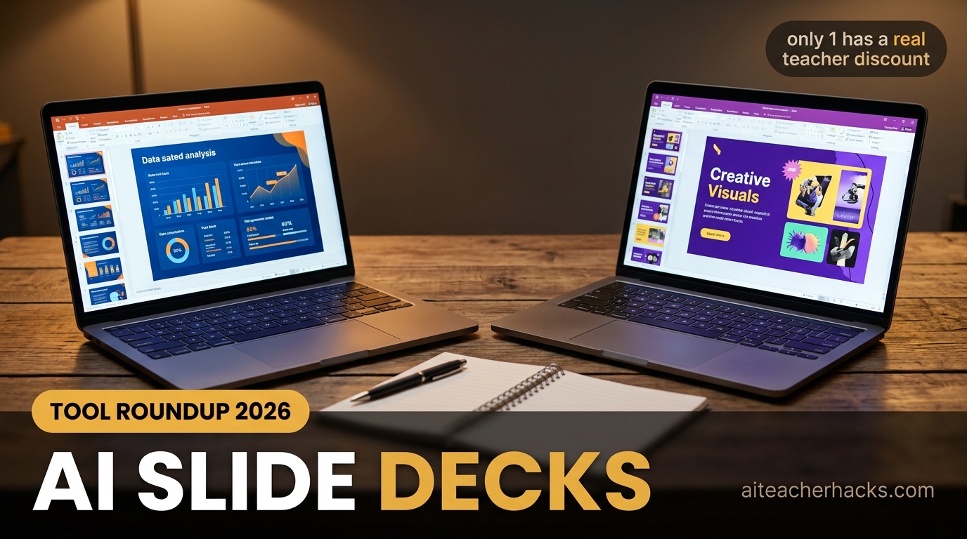 Two laptops side by side showing different AI-generated slide decks for teachers
