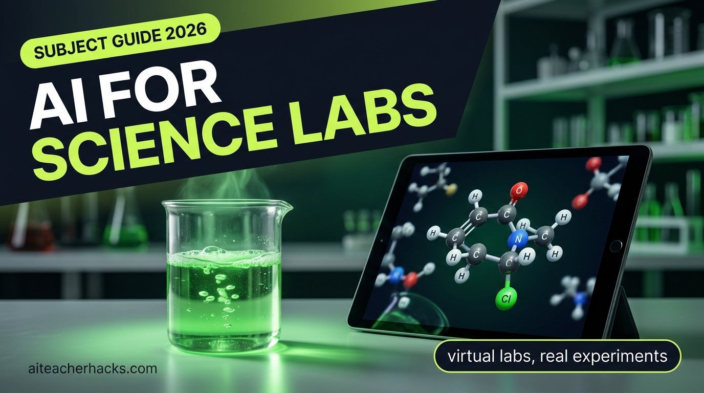 A glowing beaker and a tablet showing a 3D molecule simulation for AI science teaching tools
