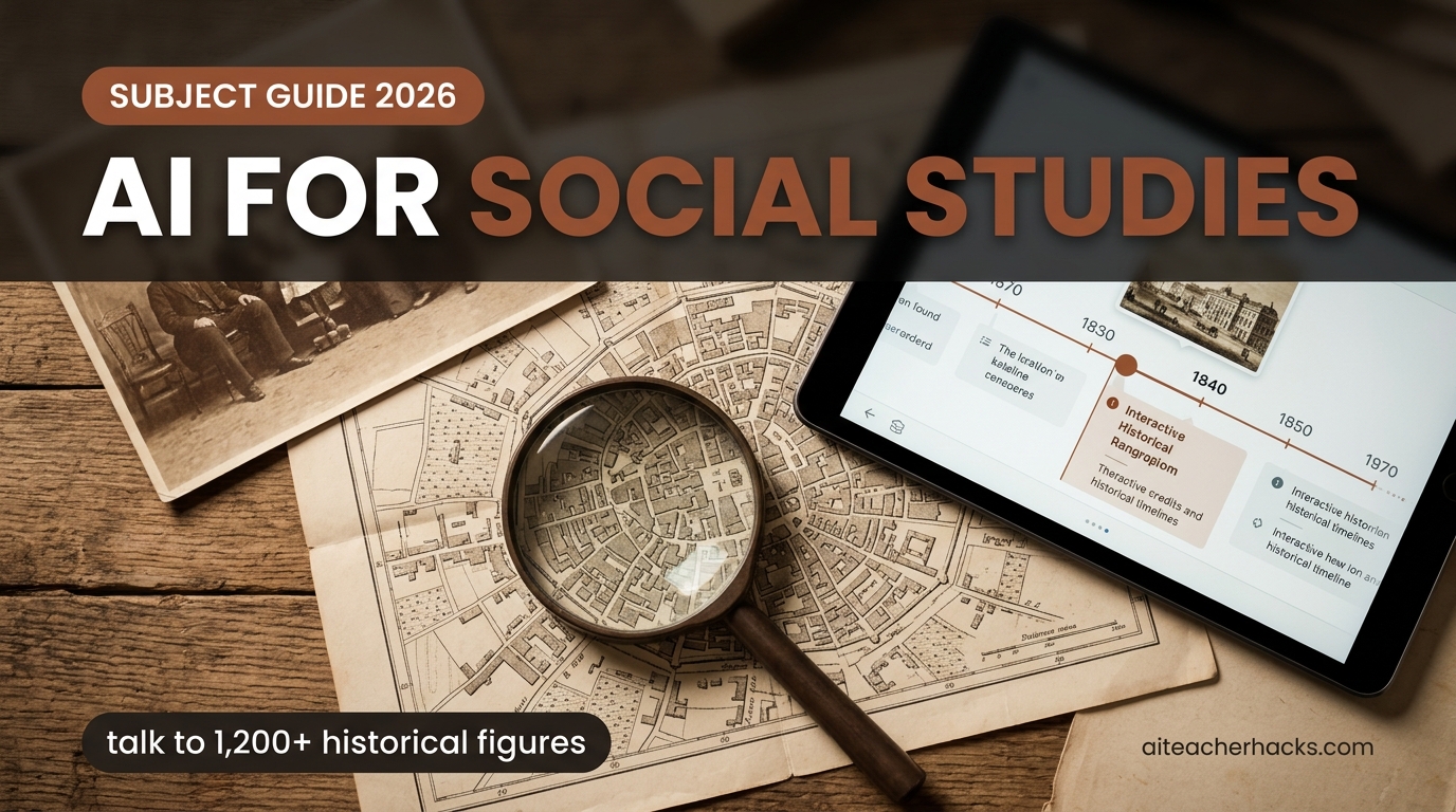 Overhead flat-lay of historical photos, a map, and a tablet with AI timeline tools for social studies teachers