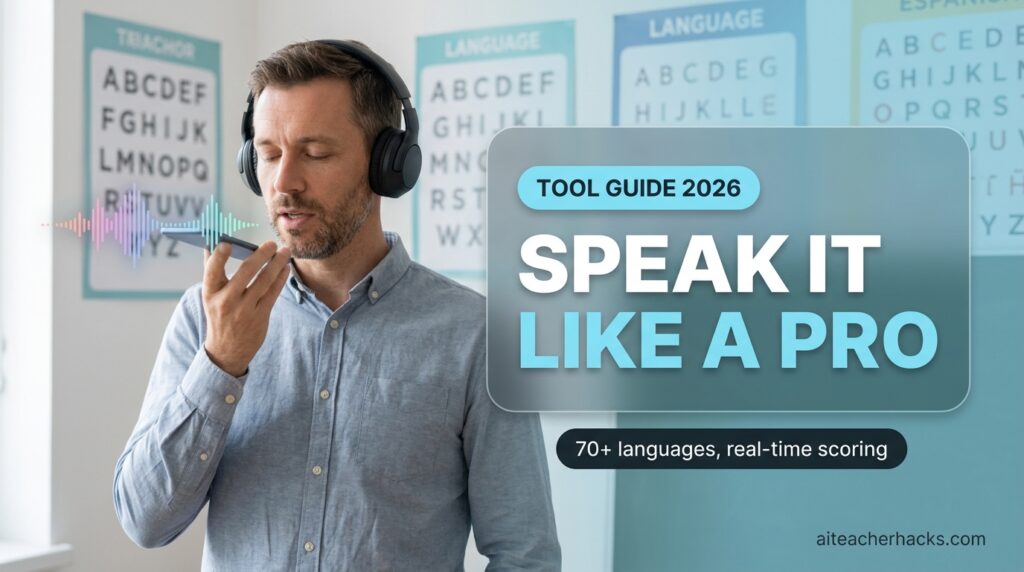 Teacher practicing pronunciation with an AI speech-scoring app for world language class