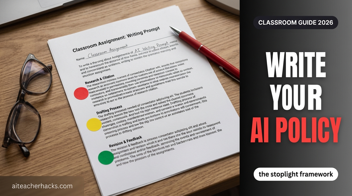 A classroom assignment sheet with red, yellow, and green stoplight stickers for an AI use policy
