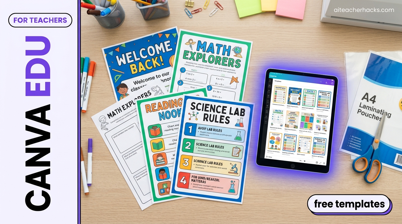 Flat-lay desk scene of printable Canva for Education classroom templates with a tablet showing the Canva template gallery, for the AI Teacher Hacks Canva for Education review
