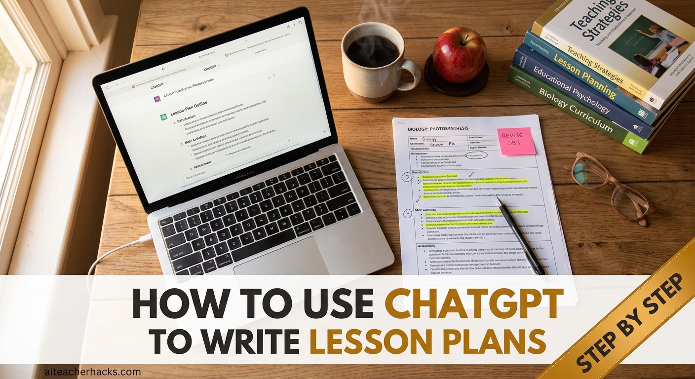 Overhead flat-lay of a laptop with a ChatGPT lesson plan conversation next to a highlighted printed lesson plan, coffee and an apple