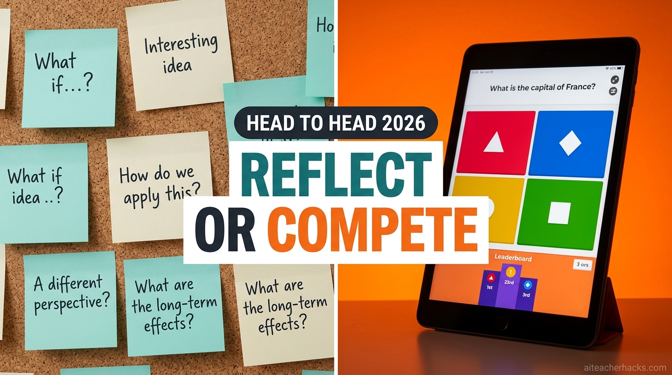 Split image comparing Curipod discussion sticky notes versus a Kahoot competitive quiz grid
