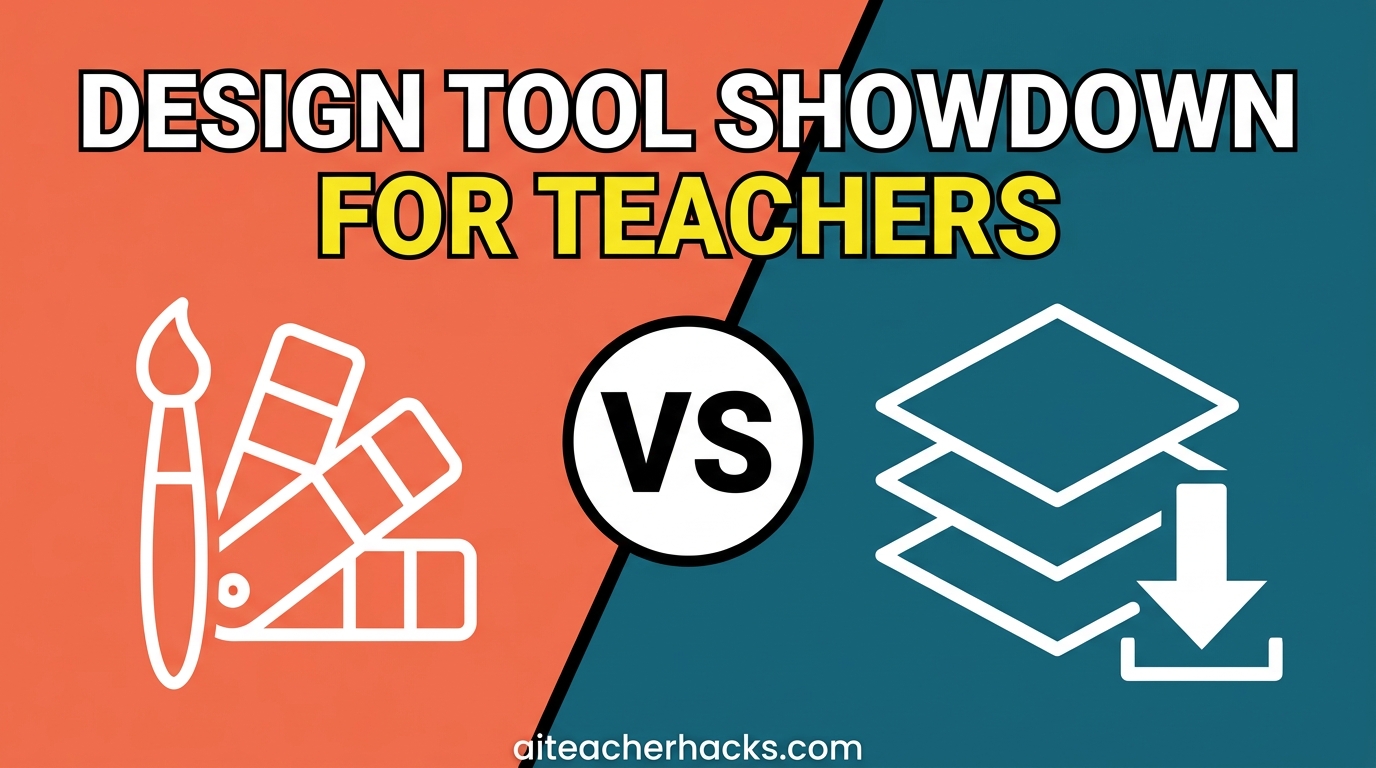 Design tool showdown comparison graphic for teachers, two design apps versus icon