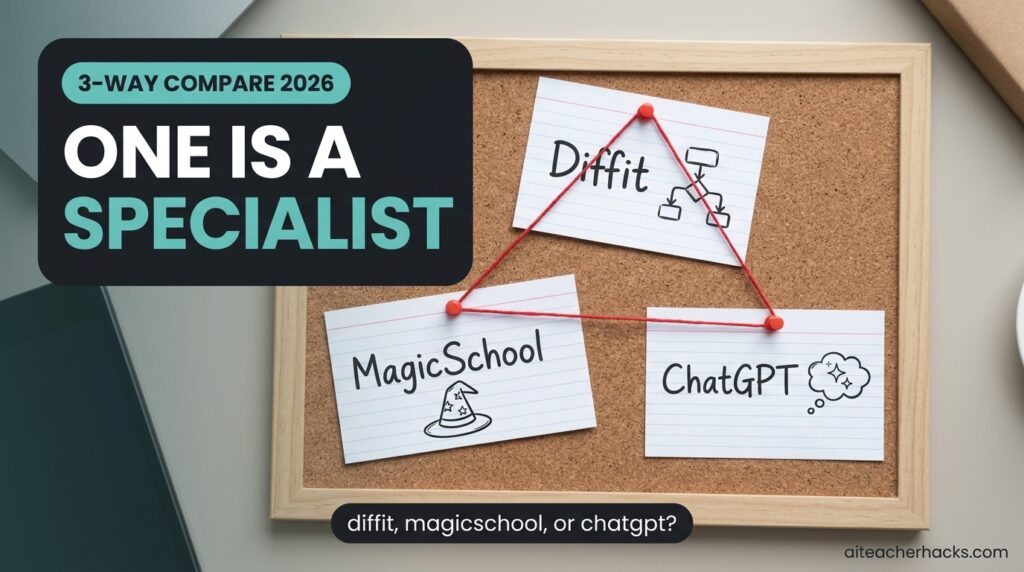 A detective-style corkboard comparing Diffit, MagicSchool, and ChatGPT for differentiation
