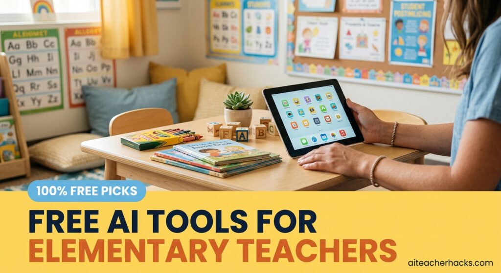 Teacher holding a colorful tablet app grid at an elementary classroom reading corner, free AI tools for elementary teachers