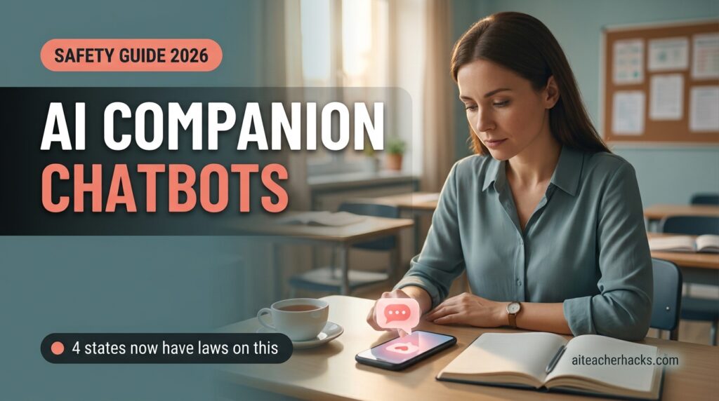 AI Companion Chatbots: A Safety Guide for Teachers - thumbnail showing a teacher looking at a smartphone with an AI companion chat app