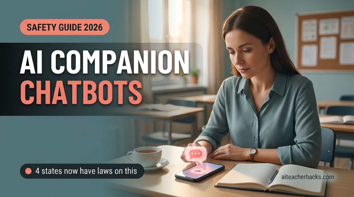 AI Companion Chatbots: A Safety Guide for Teachers - thumbnail showing a teacher looking at a smartphone with an AI companion chat app