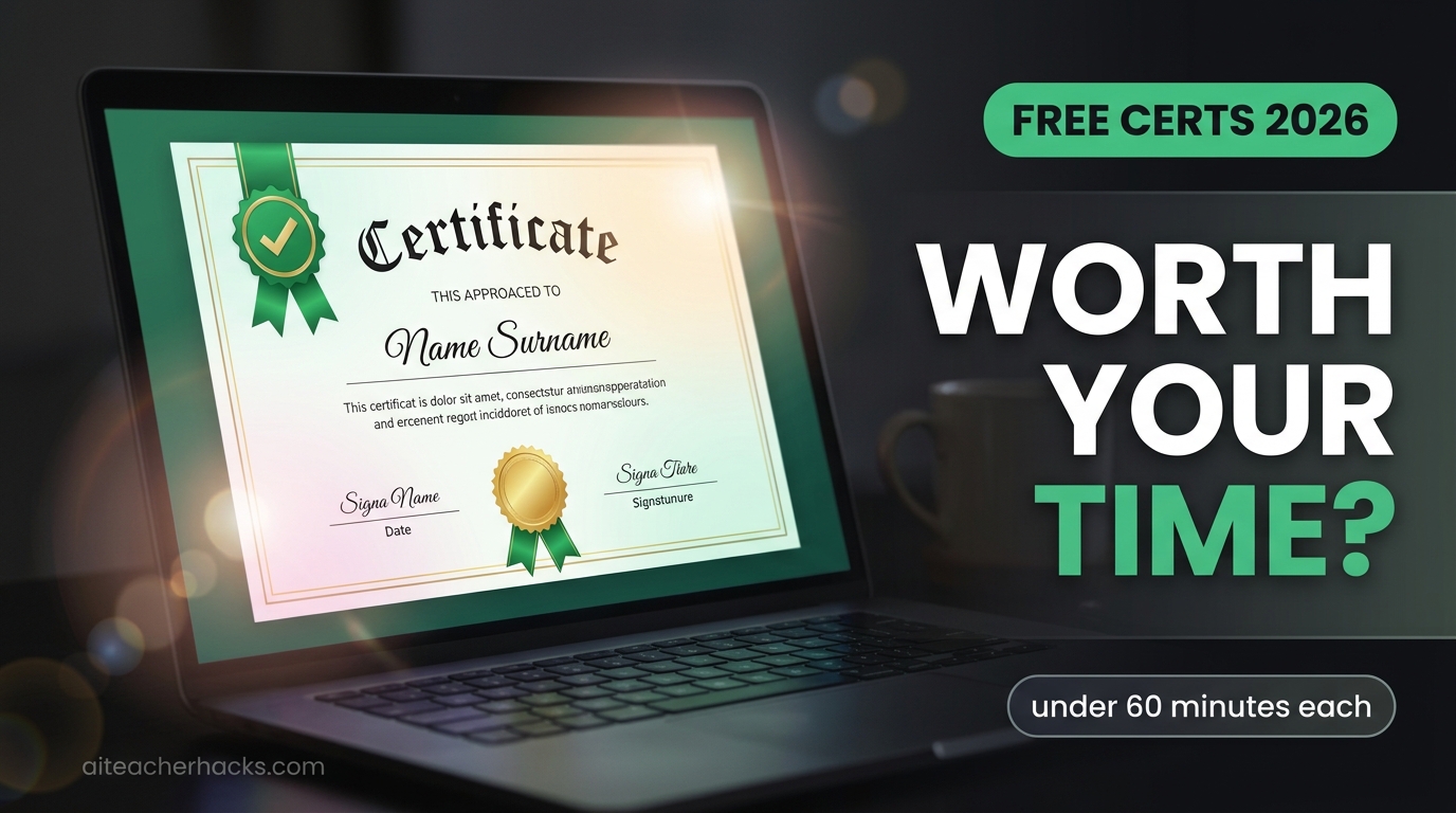 Close-up of a laptop screen displaying a free AI certification certificate for teachers