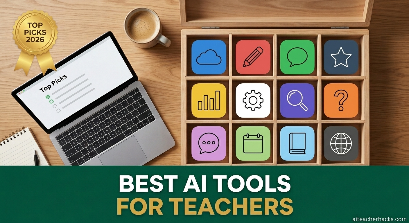 Overhead flat-lay of an open toolbox filled with generic AI tool icon cards next to a laptop showing a Top Picks list, best AI tools for teachers