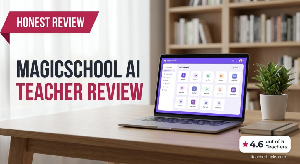 Laptop on a desk showing the MagicSchool AI dashboard, honest teacher review