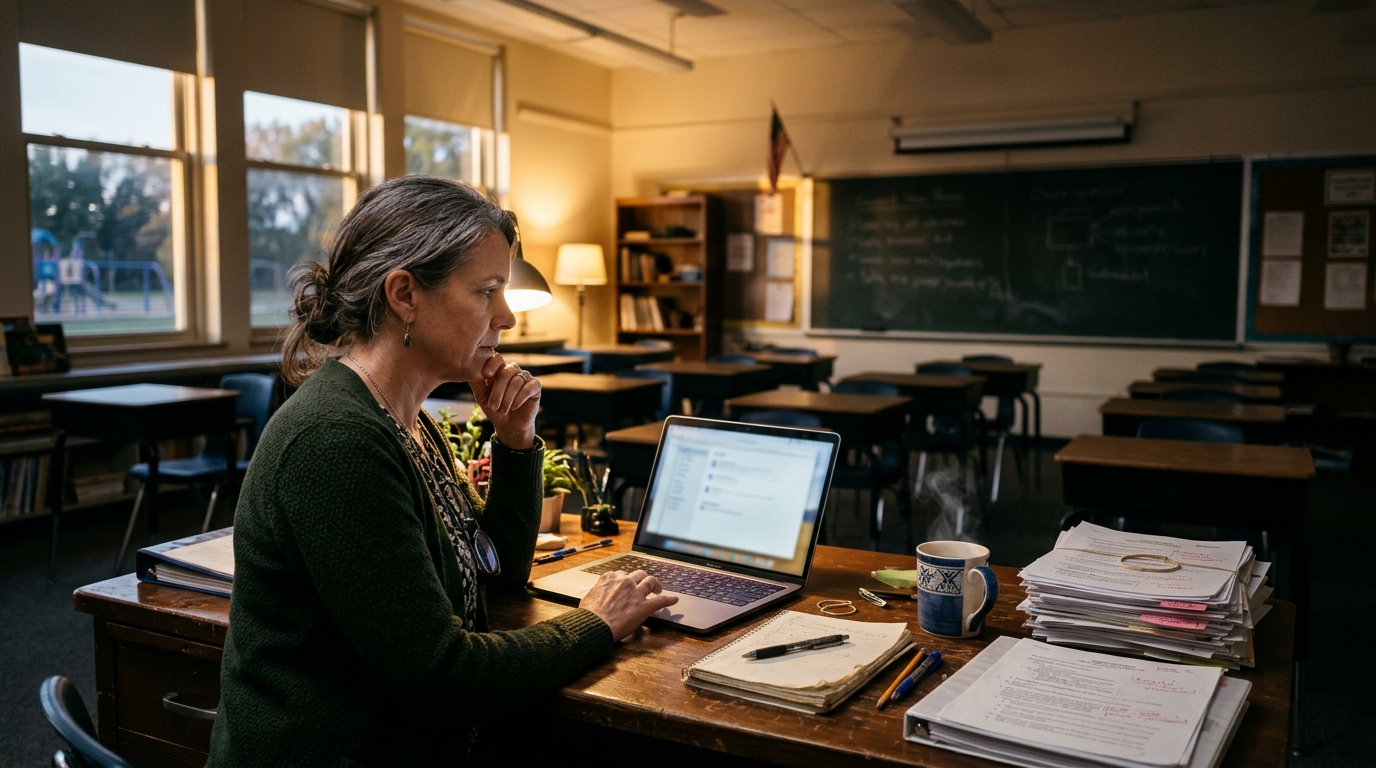 A teacher sitting alone at her desk in an empty classroom in the evening, reading an AI tool privacy page on her laptop