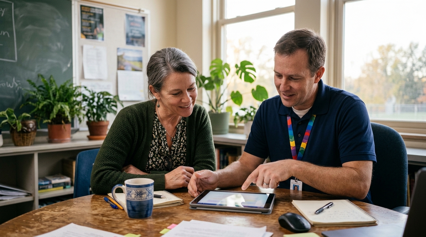 A teacher and a school IT coordinator looking at a tablet together to check whether an AI tool has been approved by the district