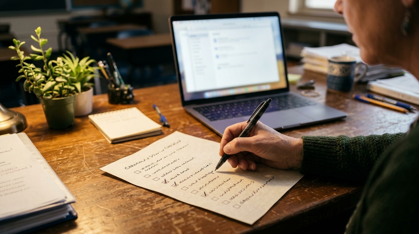 A teacher ticking items on a paper checklist next to a laptop while vetting an AI tool for student privacy