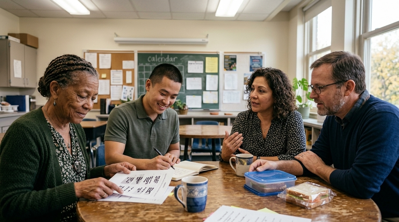 Four teachers around a staff room table discussing a printed sheet and taking notes about which AI tools to use
