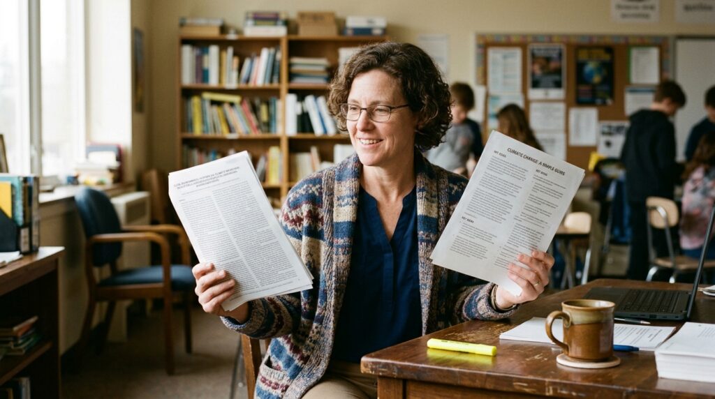 Teacher about to rewrite text to a grade level, holding a long dense article in one hand and a short simplified version in the other