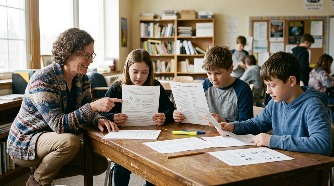 Teacher kneeling at a table with three middle school students each holding a different version of a reading sheet