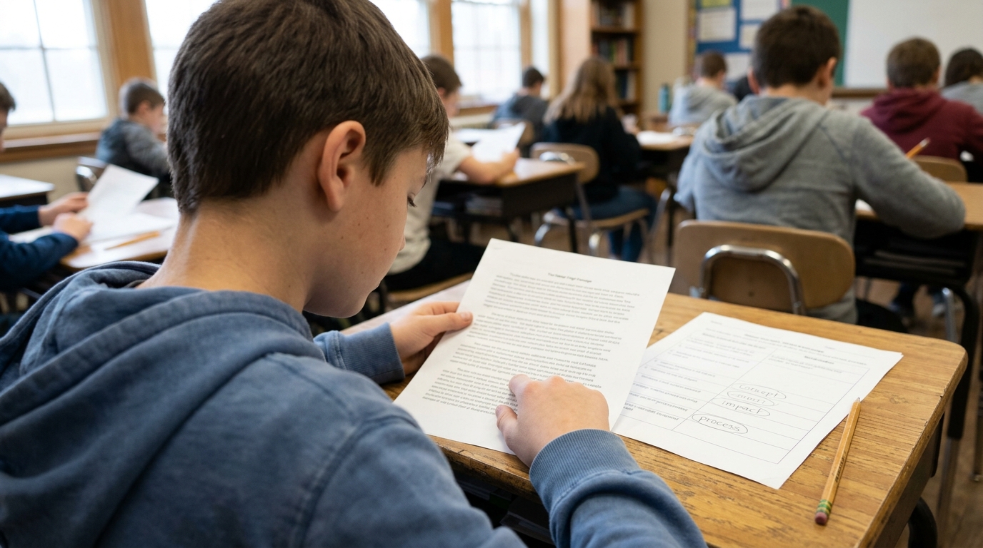 Seventh grade student reading a printed passage with a finger under a line of text while classmates work behind