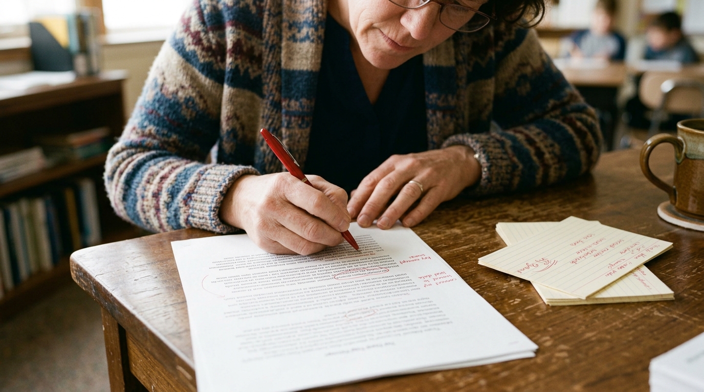 Teacher’s hands marking a printed science passage with a red pen, with a few words circled in the margin