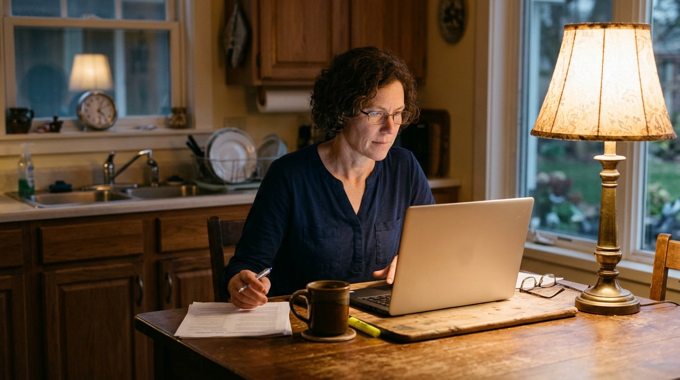 Teacher at a kitchen table in the evening working on a laptop with printed pages and a highlighter beside it