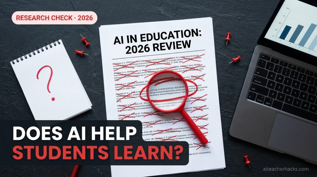Research report showing most AI-in-education studies crossed out, illustrating how few prove AI tools help students learn