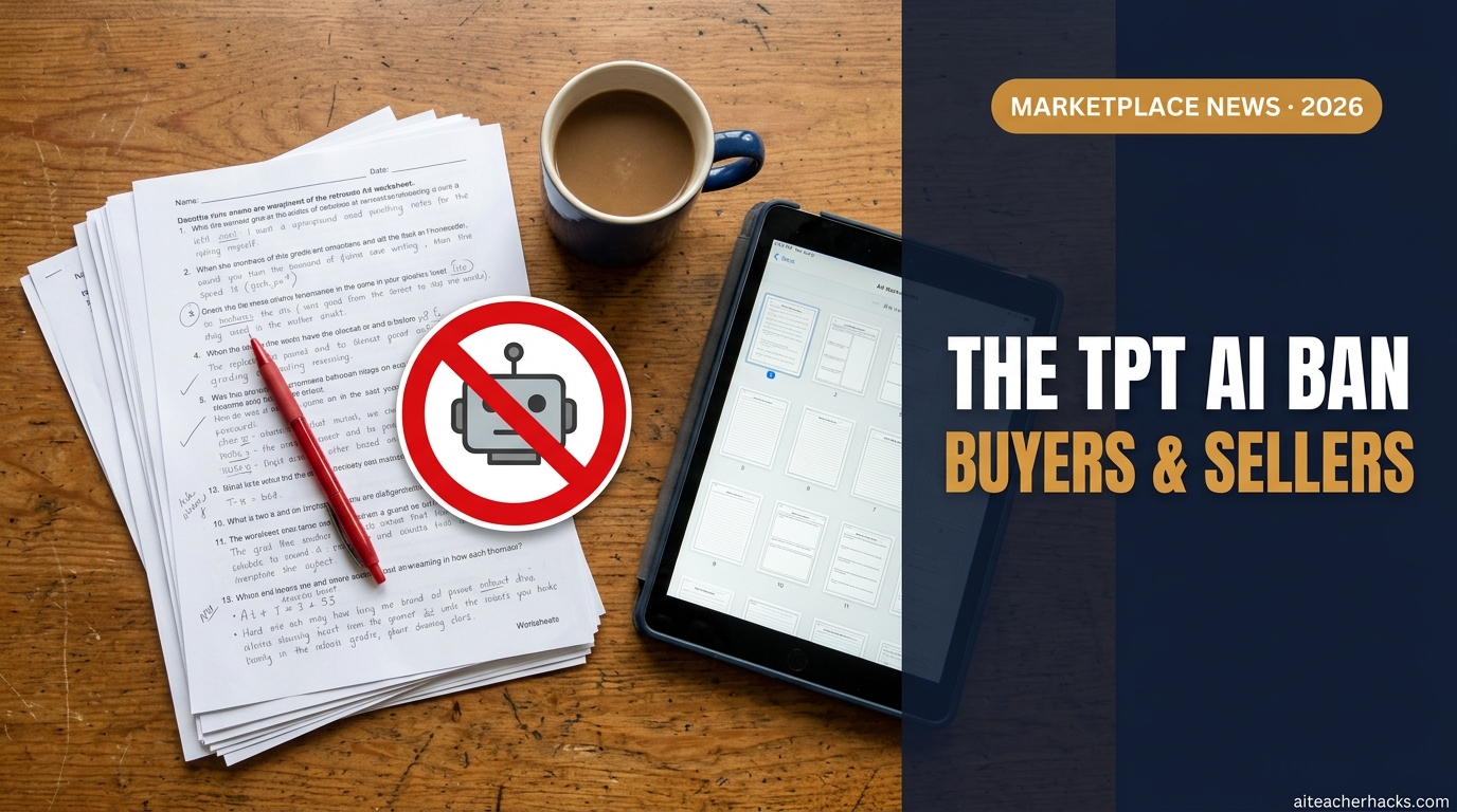 Overhead view of a teacher desk with handwritten worksheets and a no-AI sign, headline reading The TPT AI Ban, Buyers and Sellers