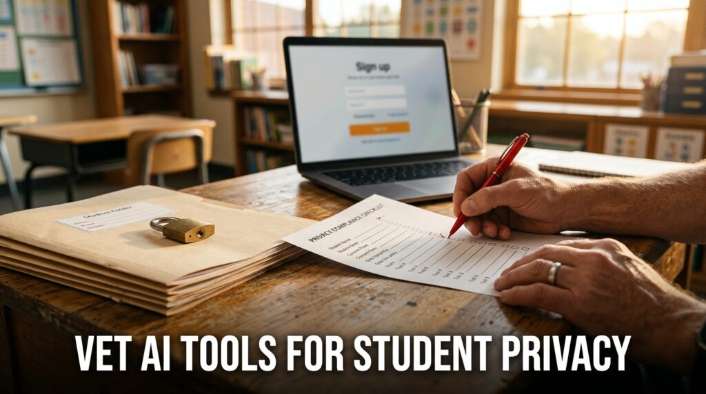 Teacher ticking an AI tool student privacy checklist at a classroom desk, headline reading Vet AI Tools for Student Privacy